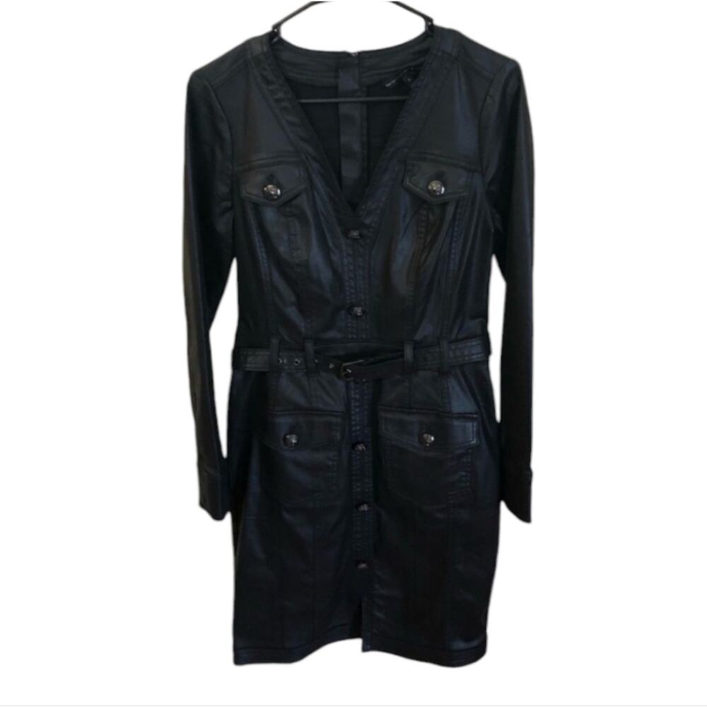 White House Black Market Black Long Sleeve Coated Denim Shirt Dress size 14 New - Picture 4 of 11